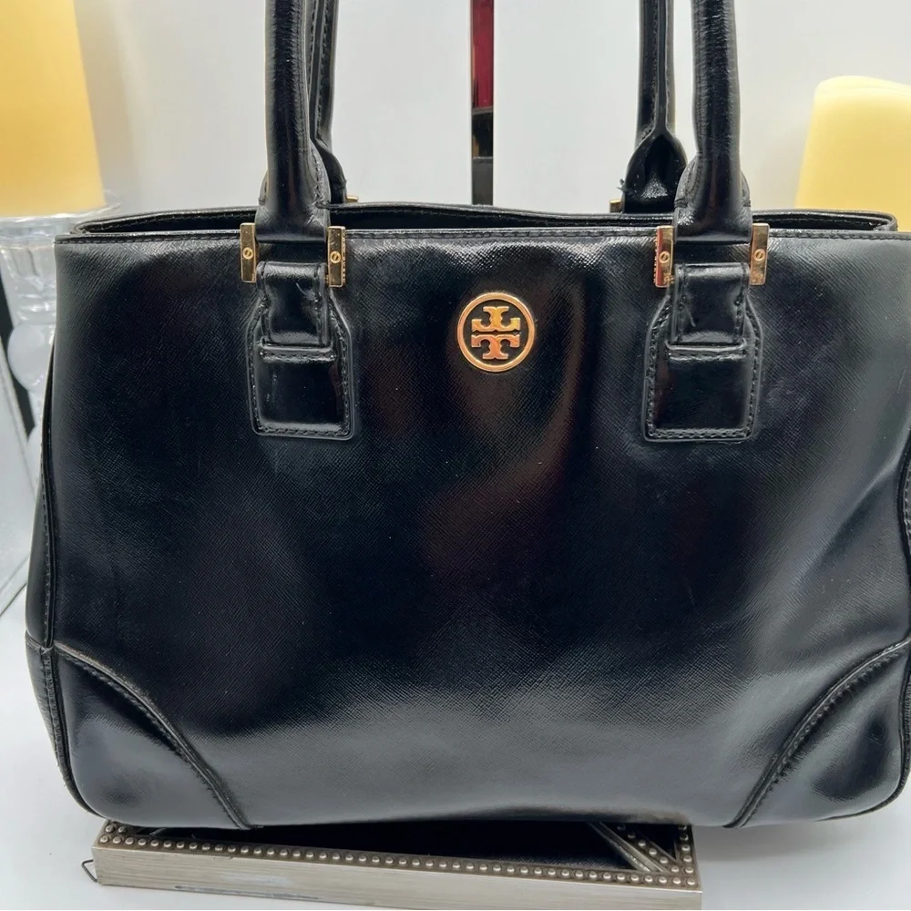 Tory Burch Black Leather Bag with Gold Accent - GUC